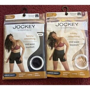 2 JOCKEY ESSENTIALS mid-waist boyshort tummy smoothing Small BLACK & BIEGE